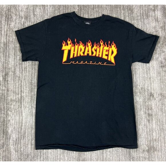 Thrasher Magazine Shirt Mens Medium Black Short Sleeve  Flames‎ Skater - Picture 1 of 7